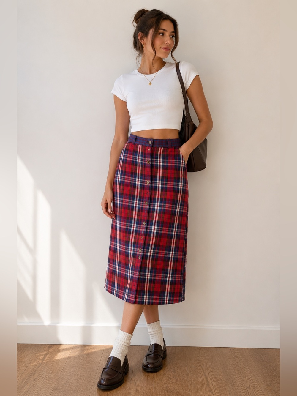 Urban Outfitters Red Plaid Button Front Midi Skirt Small Petite